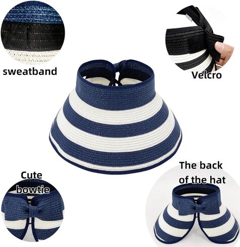 Sun Hat Visor for Women, UV UPF Wide Brim Woven Beach Hat, Foldable Ponytail Summer Hat, Packable Travel in Kuwait