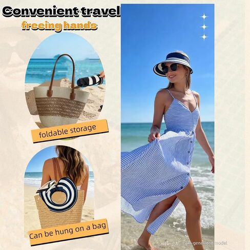 Sun Hat Visor for Women, UV UPF Wide Brim Woven Beach Hat, Foldable Ponytail Summer Hat, Packable Travel in Kuwait