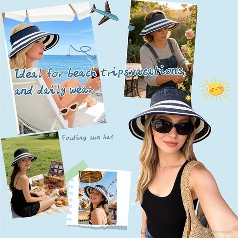 Sun Hat Visor for Women, UV UPF Wide Brim Woven Beach Hat, Foldable Ponytail Summer Hat, Packable Travel in Kuwait