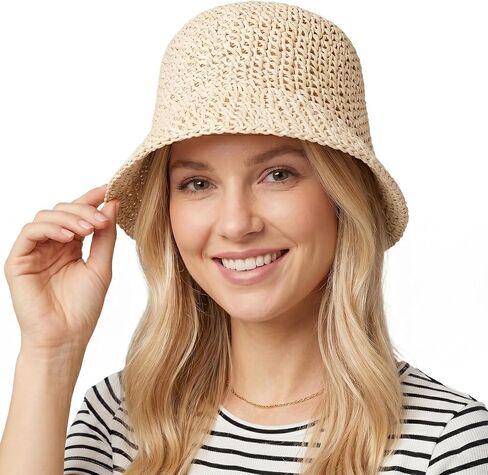 Raffia Bucket Hat, Womens Straw Sun Hat Wide Brim UPF 50+ UV Protection, Handmade Foldable Raffia Bucket Hats for Summer Travel, Packable Floppy Cap for Vacation Beige in Saudi Arabia