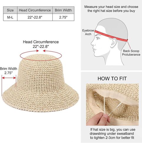 Raffia Bucket Hat, Womens Straw Sun Hat Wide Brim UPF 50+ UV Protection, Handmade Foldable Raffia Bucket Hats for Summer Travel, Packable Floppy Cap for Vacation Beige in Saudi Arabia