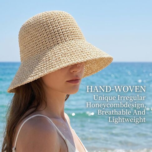 Raffia Bucket Hat, Womens Straw Sun Hat Wide Brim UPF 50+ UV Protection, Handmade Foldable Raffia Bucket Hats for Summer Travel, Packable Floppy Cap for Vacation Beige in Saudi Arabia