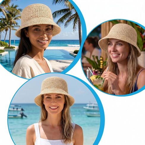 Raffia Bucket Hat, Womens Straw Sun Hat Wide Brim UPF 50+ UV Protection, Handmade Foldable Raffia Bucket Hats for Summer Travel, Packable Floppy Cap for Vacation Beige in Saudi Arabia