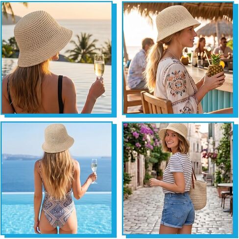 Raffia Bucket Hat, Womens Straw Sun Hat Wide Brim UPF 50+ UV Protection, Handmade Foldable Raffia Bucket Hats for Summer Travel, Packable Floppy Cap for Vacation Beige in Saudi Arabia