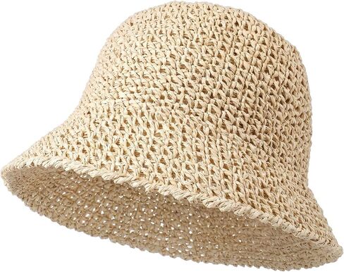 Raffia Bucket Hat, Womens Straw Sun Hat Wide Brim UPF 50+ UV Protection, Handmade Foldable Raffia Bucket Hats for Summer Travel, Packable Floppy Cap for Vacation Beige in Saudi Arabia