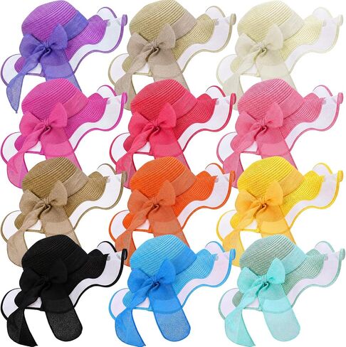 Tigeen 12 PCS Women's Wide Brim Straw Hats Floppy Sun Hat Panama Fedora for Tea Party Foldable Sun Visors Summer Beach Cap(Bright Color,Ruffled) in Kuwait