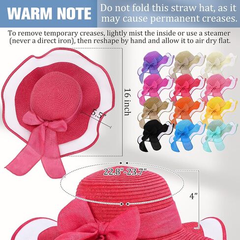 Tigeen 12 PCS Women's Wide Brim Straw Hats Floppy Sun Hat Panama Fedora for Tea Party Foldable Sun Visors Summer Beach Cap(Bright Color,Ruffled) in Kuwait