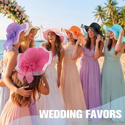 Tigeen 12 PCS Women's Wide Brim Straw Hats Floppy Sun Hat Panama Fedora for Tea Party Foldable Sun Visors Summer Beach Cap(Bright Color,Ruffled) in Kuwait
