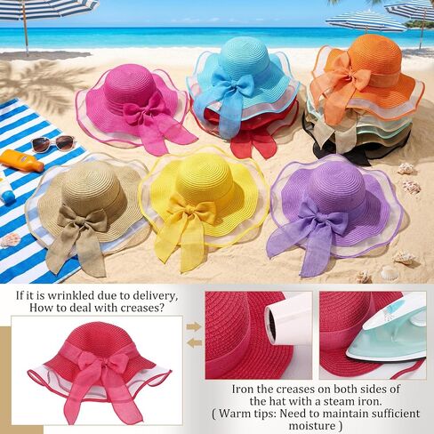 Tigeen 12 PCS Women's Wide Brim Straw Hats Floppy Sun Hat Panama Fedora for Tea Party Foldable Sun Visors Summer Beach Cap(Bright Color,Ruffled) in Kuwait