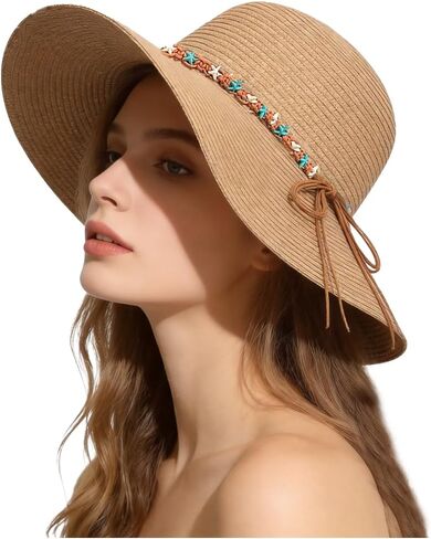 Beach Sun Straw Hats for Women Foldable Floppy Wide Brim Sun Hat Summer Shell Starfish Travel Straw Fedora Hat in Kuwait