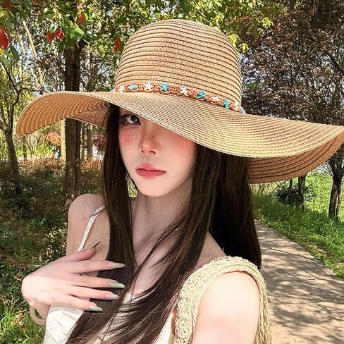 Beach Sun Straw Hats for Women Foldable Floppy Wide Brim Sun Hat Summer Shell Starfish Travel Straw Fedora Hat in Kuwait
