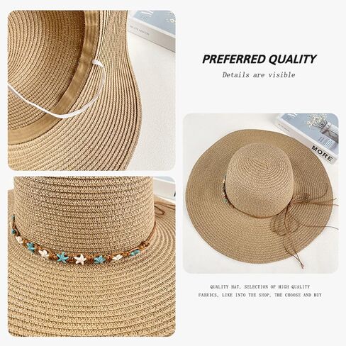 Beach Sun Straw Hats for Women Foldable Floppy Wide Brim Sun Hat Summer Shell Starfish Travel Straw Fedora Hat in Kuwait