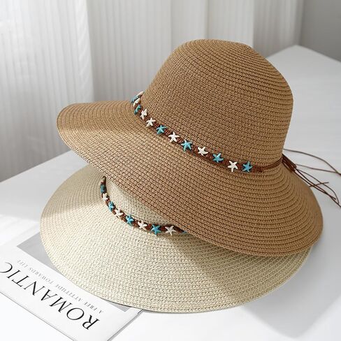 Beach Sun Straw Hats for Women Foldable Floppy Wide Brim Sun Hat Summer Shell Starfish Travel Straw Fedora Hat in Kuwait