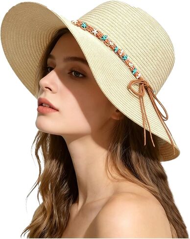 Beach Sun Straw Hats for Women Foldable Floppy Wide Brim Sun Hat Summer Shell Starfish Travel Straw Fedora Hat in Kuwait