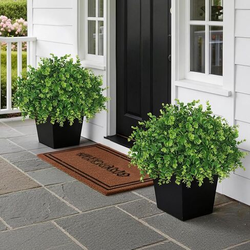 2 Set Soft Textured Artificial Eucalyptus Topiary Trees for Outdoor Decor - 16" Faux Eucalyptus Potted Plant, Fake Greenery Shrubs in Black Pot for Front Door Porch Farmhouse Shower Home Decor in Saudi Arabia