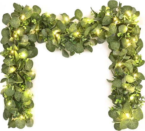 Artflower 2 Pack Eucalyptus Garland مع الزهور والأضواء ، 5.9 قدمًا من الزحف الأخضر المزيف للطاولة in Kuwait