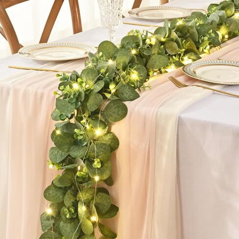 Artflower 2 Pack Eucalyptus Garland مع الزهور والأضواء ، 5.9 قدمًا من الزحف الأخضر المزيف للطاولة in Kuwait