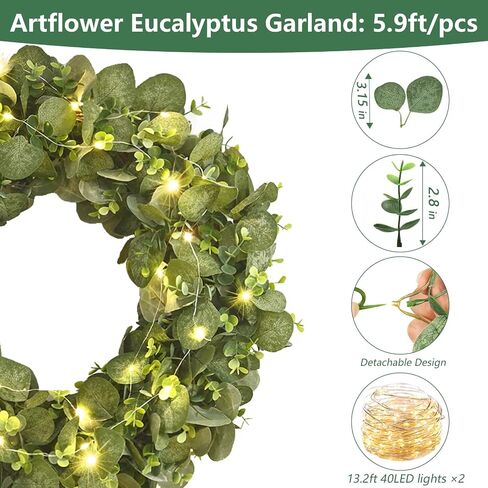Artflower 2 Pack Eucalyptus Garland مع الزهور والأضواء ، 5.9 قدمًا من الزحف الأخضر المزيف للطاولة in Kuwait
