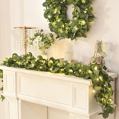 Artflower 2 Pack Eucalyptus Garland مع الزهور والأضواء ، 5.9 قدمًا من الزحف الأخضر المزيف للطاولة in Kuwait