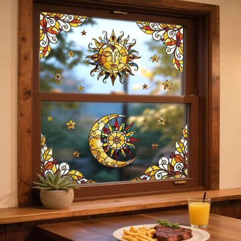 ANATTASOUL Static Window Clings Sun and Moon 1 Sheet Reusable Window Decals for Glass, 47.24" x 11.8" Removable Double Sided Window Sticker for Room Office Home Decoration in Kuwait