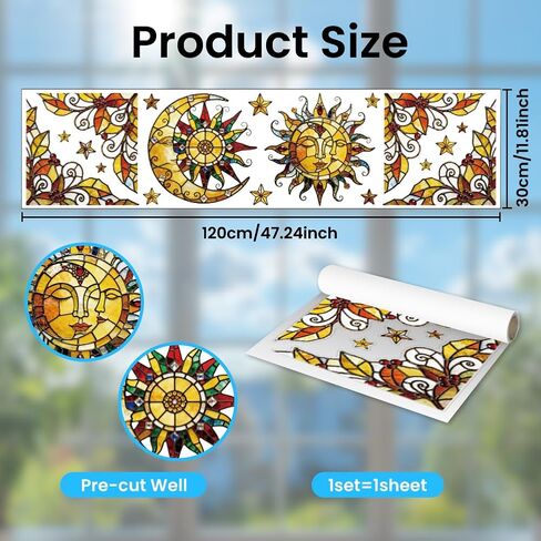 ANATTASOUL Static Window Clings Sun and Moon 1 Sheet Reusable Window Decals for Glass, 47.24" x 11.8" Removable Double Sided Window Sticker for Room Office Home Decoration in Kuwait
