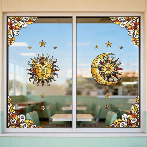 ANATTASOUL Static Window Clings Sun and Moon 1 Sheet Reusable Window Decals for Glass, 47.24" x 11.8" Removable Double Sided Window Sticker for Room Office Home Decoration in Kuwait