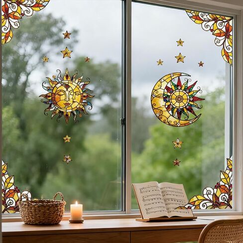 ANATTASOUL Static Window Clings Sun and Moon 1 Sheet Reusable Window Decals for Glass, 47.24" x 11.8" Removable Double Sided Window Sticker for Room Office Home Decoration in Kuwait