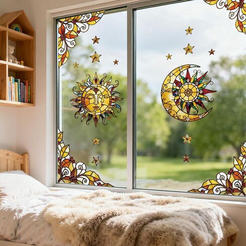 ANATTASOUL Static Window Clings Sun and Moon 1 Sheet Reusable Window Decals for Glass, 47.24" x 11.8" Removable Double Sided Window Sticker for Room Office Home Decoration in Kuwait