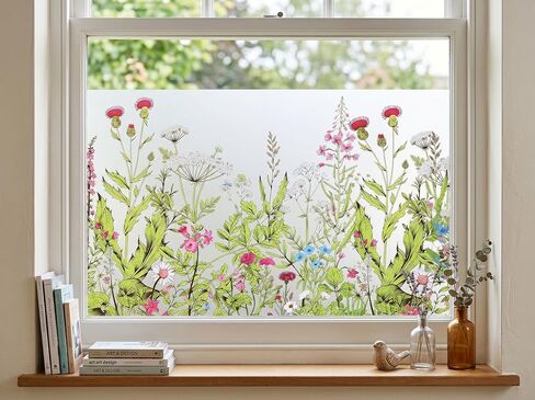 Static Cling Privacy Window Film, 78" x 17" Frosted Glass Covering with Wildflower & Botanical Patterns, Removable No Glue Window Film for Home Bathroom Bedroom Office (Wildflower) in Kuwait