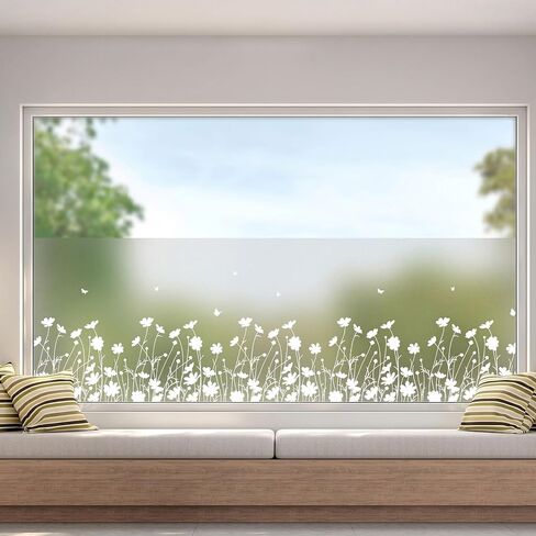 Static Cling Privacy Window Film, 78" x 17" Frosted Glass Covering with Wildflower & Botanical Patterns, Removable No Glue Window Film for Home Bathroom Bedroom Office (Wildflower) in Kuwait