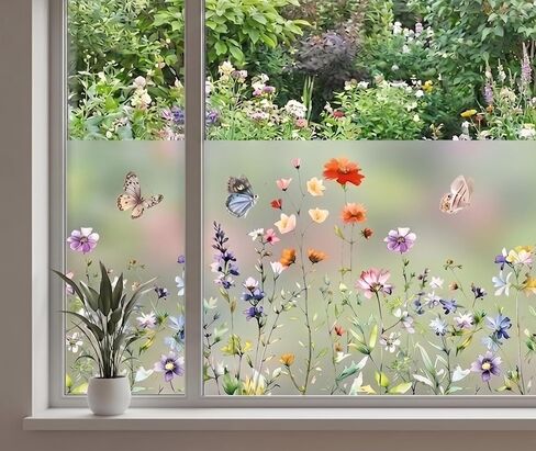 Static Cling Privacy Window Film, 78" x 17" Frosted Glass Covering with Wildflower & Botanical Patterns, Removable No Glue Window Film for Home Bathroom Bedroom Office (Wildflower) in Kuwait
