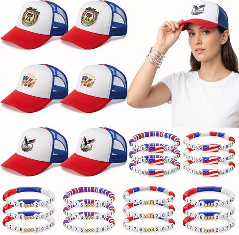 Hercicy 24 Pcs 250th Anniversary 6 Baseball Cap and 18 USA Bracelet Bulk Red White Blue Independence Day Party Favor 4th of July Patriotic Gift in Kuwait
