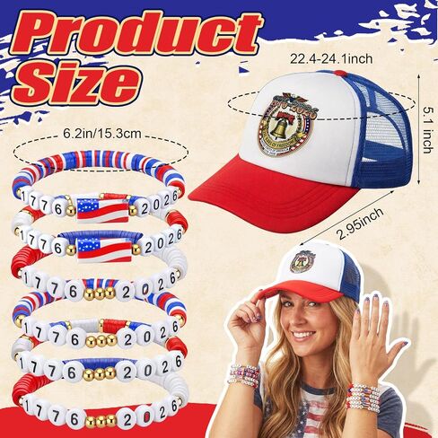 Hercicy 24 Pcs 250th Anniversary 6 Baseball Cap and 18 USA Bracelet Bulk Red White Blue Independence Day Party Favor 4th of July Patriotic Gift in Kuwait