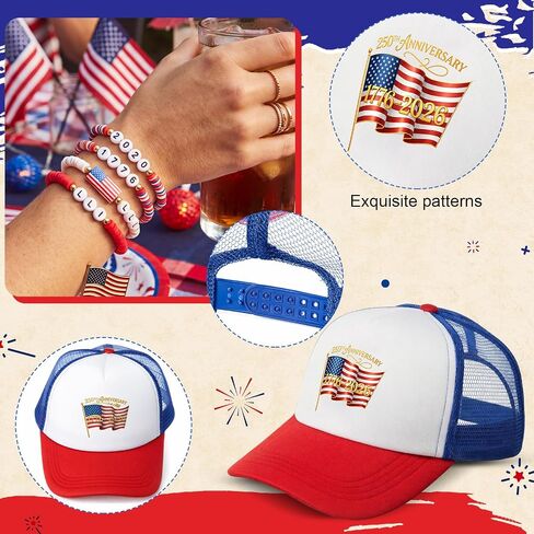 Hercicy 24 Pcs 250th Anniversary 6 Baseball Cap and 18 USA Bracelet Bulk Red White Blue Independence Day Party Favor 4th of July Patriotic Gift in Kuwait