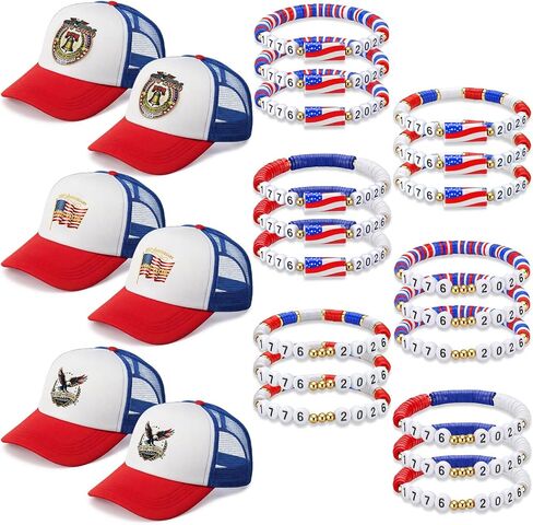 Hercicy 24 Pcs 250th Anniversary 6 Baseball Cap and 18 USA Bracelet Bulk Red White Blue Independence Day Party Favor 4th of July Patriotic Gift in Kuwait