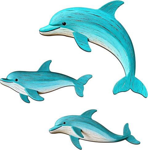 Goodangie00 3 Pcs Wooden Sea Dolphin Wall Art Decor - 9.8" Ocean Animal Beach Theme Vintage Coastal Hanging Decoration for Home Garden Farmhouse Pool Lake Bathroom Gift (2 Sizes) in Saudi Arabia