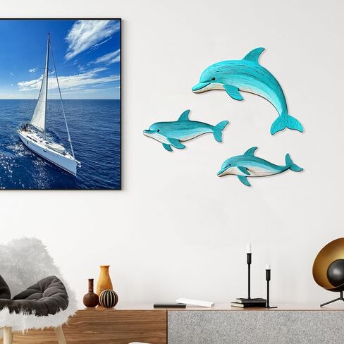 Goodangie00 3 Pcs Wooden Sea Dolphin Wall Art Decor - 9.8" Ocean Animal Beach Theme Vintage Coastal Hanging Decoration for Home Garden Farmhouse Pool Lake Bathroom Gift (2 Sizes) in Saudi Arabia