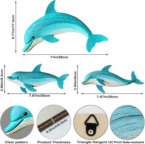 Goodangie00 3 Pcs Wooden Sea Dolphin Wall Art Decor - 9.8" Ocean Animal Beach Theme Vintage Coastal Hanging Decoration for Home Garden Farmhouse Pool Lake Bathroom Gift (2 Sizes) in Saudi Arabia