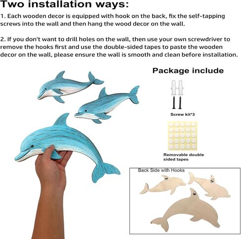Goodangie00 3 Pcs Wooden Sea Dolphin Wall Art Decor - 9.8" Ocean Animal Beach Theme Vintage Coastal Hanging Decoration for Home Garden Farmhouse Pool Lake Bathroom Gift (2 Sizes) in Saudi Arabia