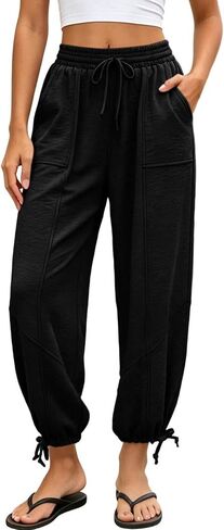 Sweatpants Women Summer Elastic Waist Wide Leg Lace-up Hem Joggers with Pockets Loose Fit Pull On Running Workout Pants in Kuwait