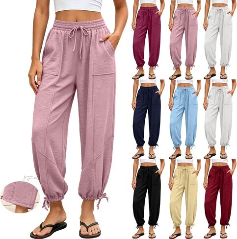 Sweatpants Women Summer Elastic Waist Wide Leg Lace-up Hem Joggers with Pockets Loose Fit Pull On Running Workout Pants in Kuwait