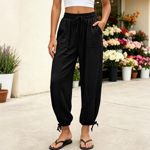 Sweatpants Women Summer Elastic Waist Wide Leg Lace-up Hem Joggers with Pockets Loose Fit Pull On Running Workout Pants in Kuwait