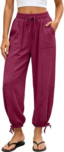 Sweatpants Women Summer Elastic Waist Wide Leg Lace-up Hem Joggers with Pockets Loose Fit Pull On Running Workout Pants in Kuwait