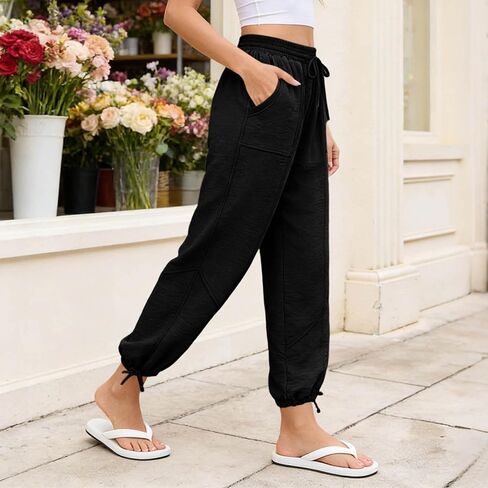 Sweatpants Women Summer Elastic Waist Wide Leg Lace-up Hem Joggers with Pockets Loose Fit Pull On Running Workout Pants in Kuwait
