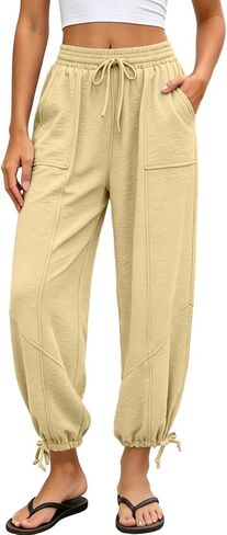 Sweatpants Women Summer Elastic Waist Wide Leg Lace-up Hem Joggers with Pockets Loose Fit Pull On Running Workout Pants in Kuwait