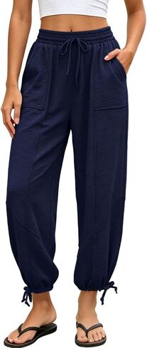 Sweatpants Women Summer Elastic Waist Wide Leg Lace-up Hem Joggers with Pockets Loose Fit Pull On Running Workout Pants in Kuwait