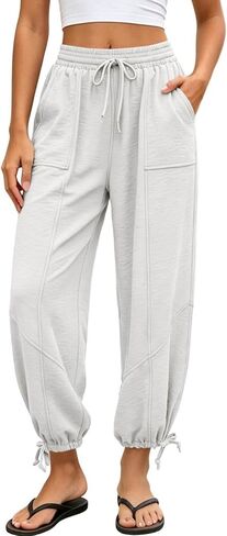 Sweatpants Women Summer Elastic Waist Wide Leg Lace-up Hem Joggers with Pockets Loose Fit Pull On Running Workout Pants in Kuwait