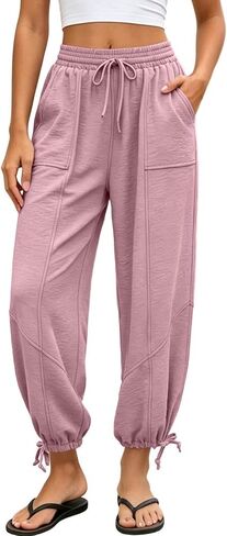 Sweatpants Women Summer Elastic Waist Wide Leg Lace-up Hem Joggers with Pockets Loose Fit Pull On Running Workout Pants in Kuwait