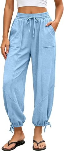 Sweatpants Women Summer Elastic Waist Wide Leg Lace-up Hem Joggers with Pockets Loose Fit Pull On Running Workout Pants in Kuwait