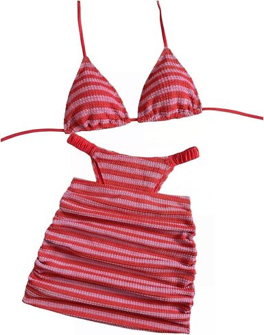 GORGLITTER Women's 3 Piece Swimsuits Striped High Cut Halter Triangle Bikini with Cover Ups Skirts Beachwear in Kuwait